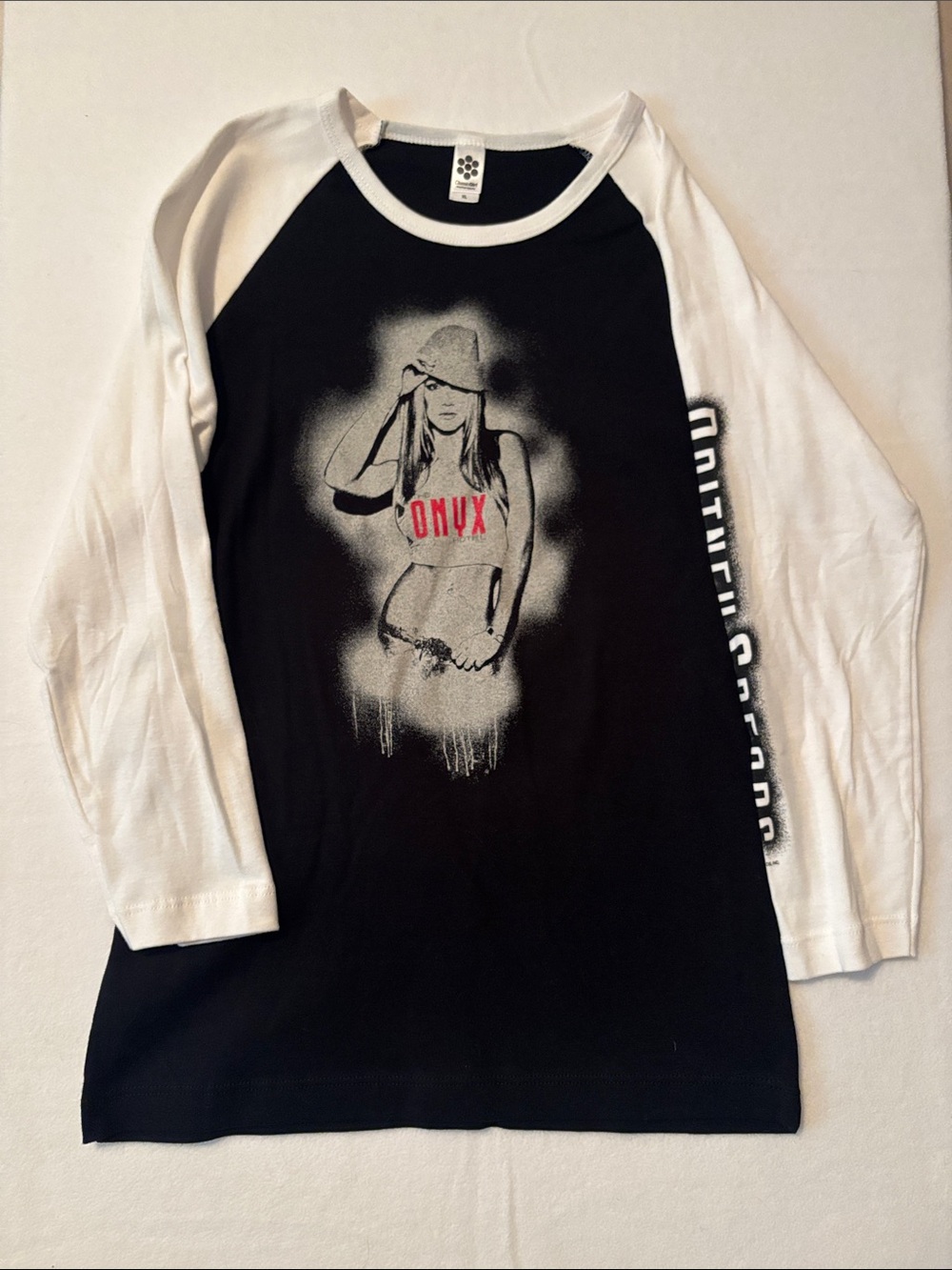 Britney Spears Black & White Raglan Graphic Tee with Red Accent